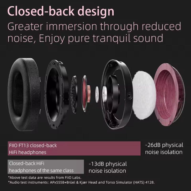 FiiO FT13 Noir - Casque supra-auriculaire fermé avec coussinets épais, coques noires, isolation physique jusquà -26 dB, composants internes visibles