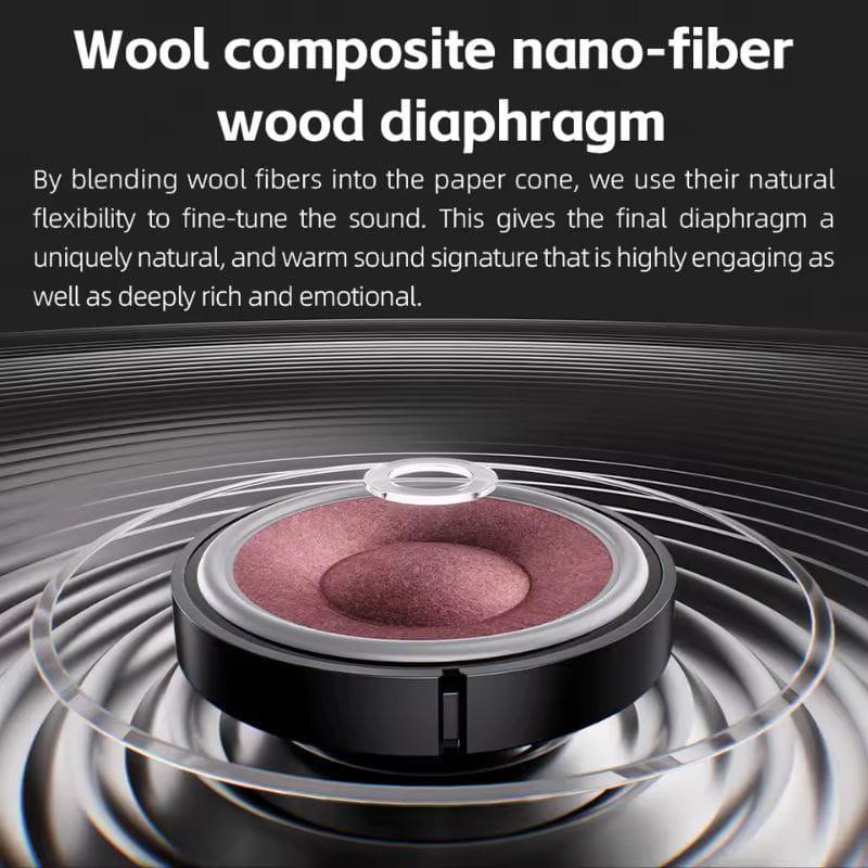 Diaphragme en nano‑fibres de laine avec cône papier, teinte bordeaux, bord circulaire noir et anneau central transparent pour un son chaud et riche