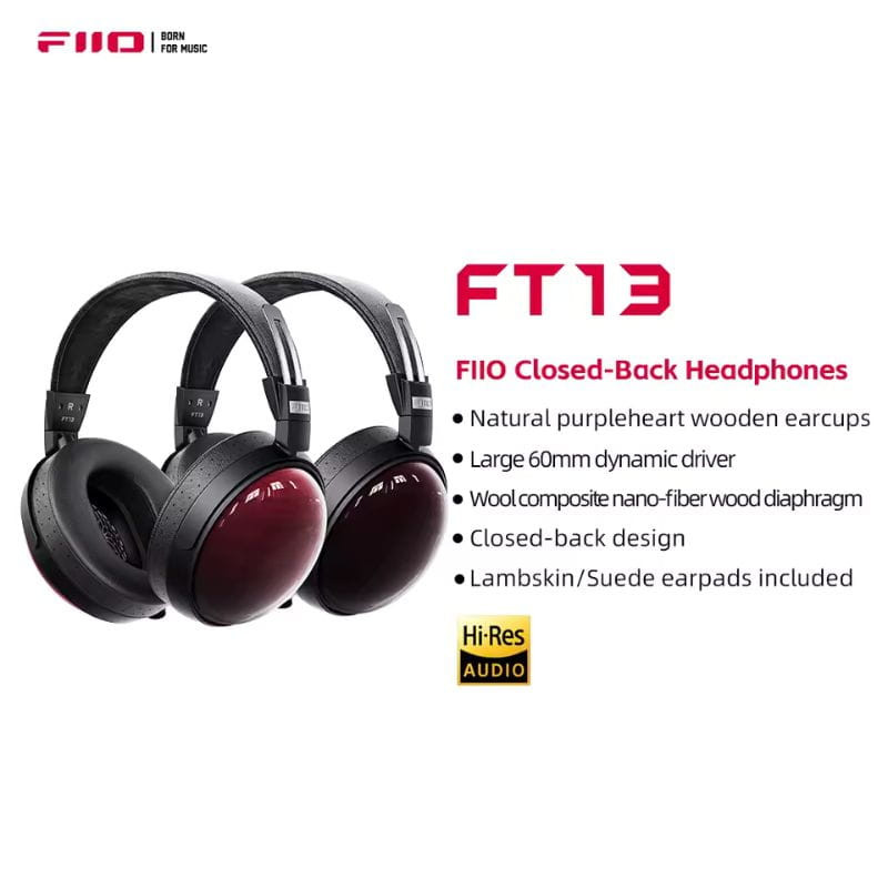 FiiO FT13 Noir - Casque supra-auriculaire avec coques en bois purpleheart, oreillettes cuir/daim, design fermé et transducteur dynamique 60 mm