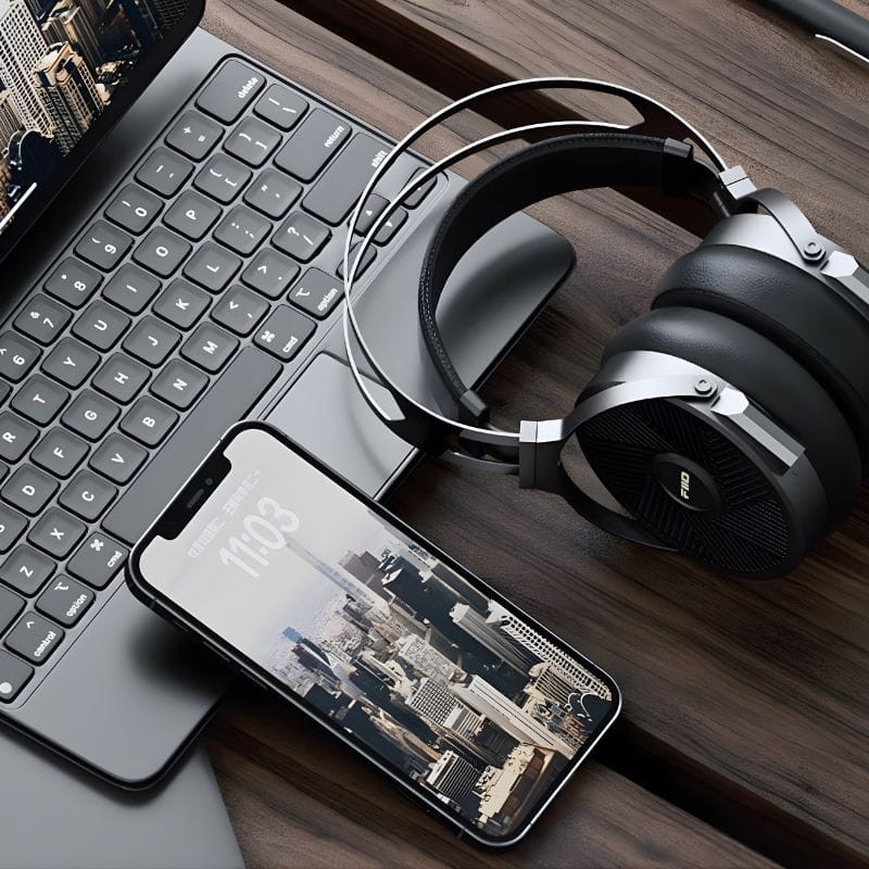 FiiO FT5 Auriculares Hi‑Fi planar con cable, copas grandes en metal negro, rejillas circulares, diadema doble y almohadillas acolchadas sobre escritorio