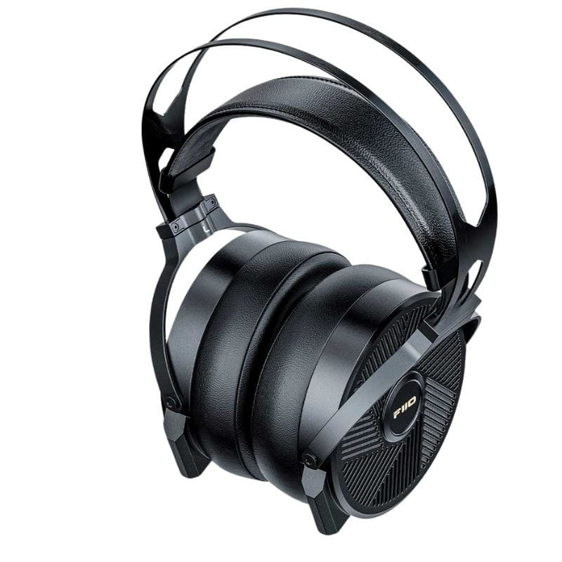 FiiO FT5 auriculares Hi-Fi planar con diadema doble en metal y cuero, copas abiertas negras con rejilla radial y almohadillas gruesas, diseño magnético con