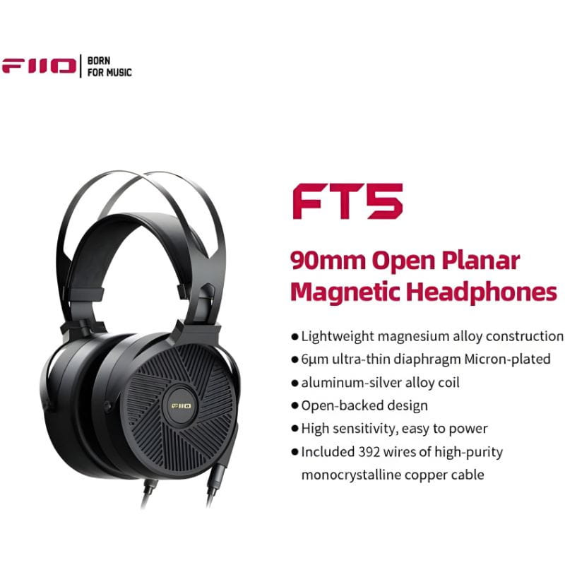 FiiO FT5 Auriculares Hi‑Fi planar abiertos de 90 mm en magnesio, diadema doble, copas circulares negras con patrón radial y cable trenzado de cobre plateado