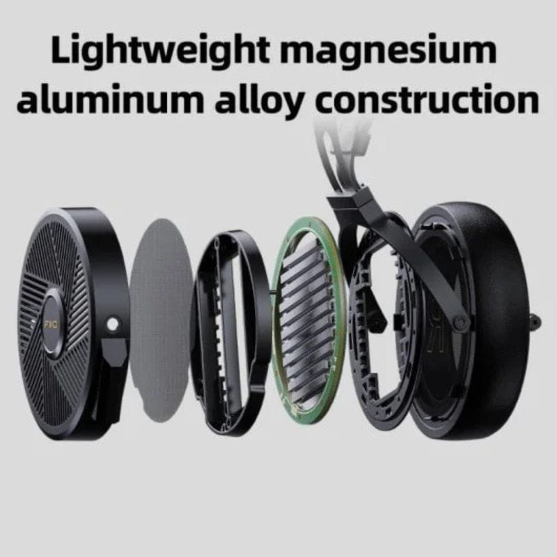 FiiO FT5 Auriculares Hi‑Fi Planar magnéticos con cable; despiece del auricular muestra diafragma planar, rejillas, almohadilla y carcasa de aleación