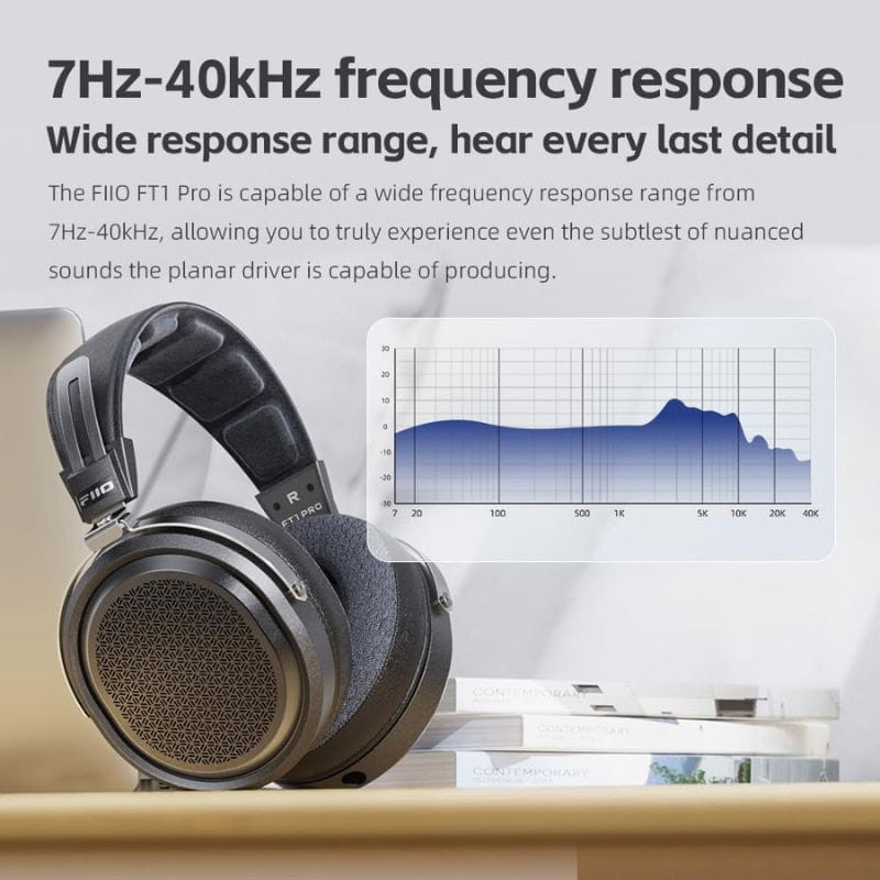 FiiO FT1 Pro - Auriculares Hi-Fi con cable; cascos negros over-ear, diadema acolchada, rejilla metálica, gráfico de respuesta 7 Hz–40 kHz en pantalla.