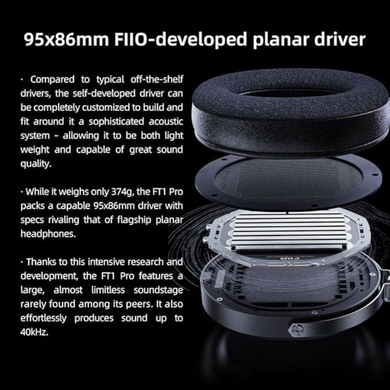 FiiO FT1 Pro - Auriculares Hi-Fi con cable con driver planar de 95x86 mm, cojín acolchado, chasis desmontado en capas y diseño ligero de 374 g