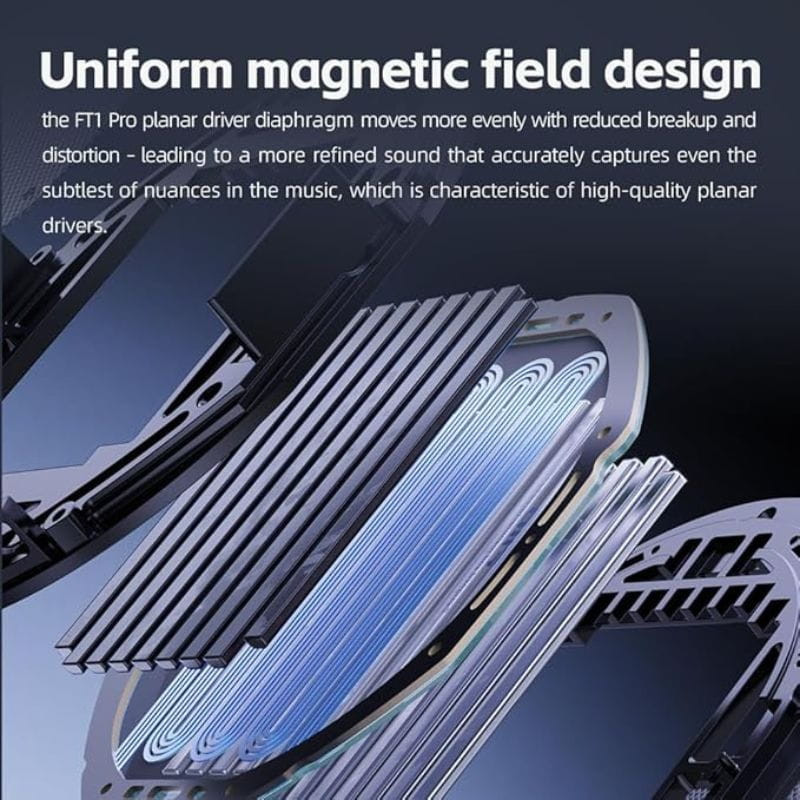 FiiO FT1 Pro - Auriculares Hi-Fi con cable; driver planar con diafragma estriado, diseño de campo magnético uniforme y detalles internos visibles en capas