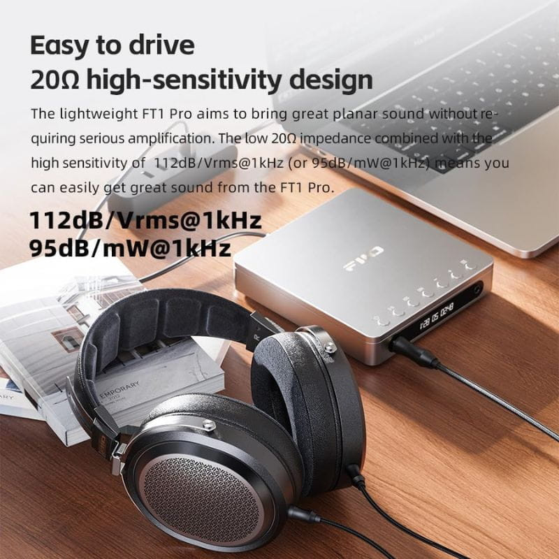 FiiO FT1 Pro - Auriculares Hi-Fi con cable, diseño circumaural con copas metálicas, diadema acolchada y cable desmontable, junto a DAC/amp portátil en
