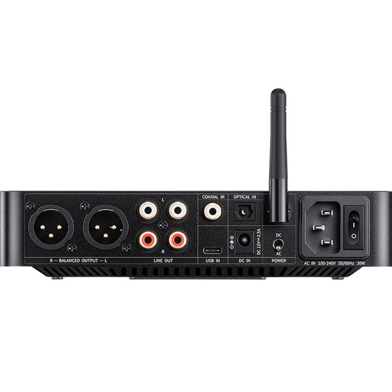 FiiO K13 R2R Amplificador/DAC con salidas XLR balanceadas, RCA, entrada coaxial y óptica, USB, antena para conectividad, y puertos de alimentación AC y DC