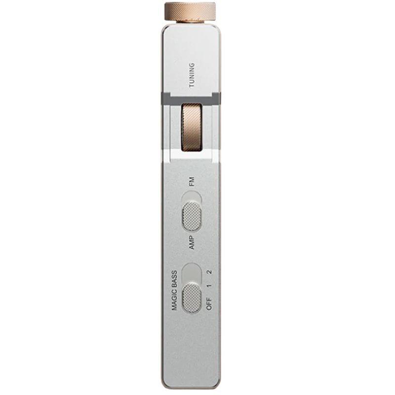 FiiO RR11 Plata Radio Portátil con rueda de sintonía, control de volumen estriado, selector FM AMP y botón Magic Bass en cuerpo metálico delgado y plateado