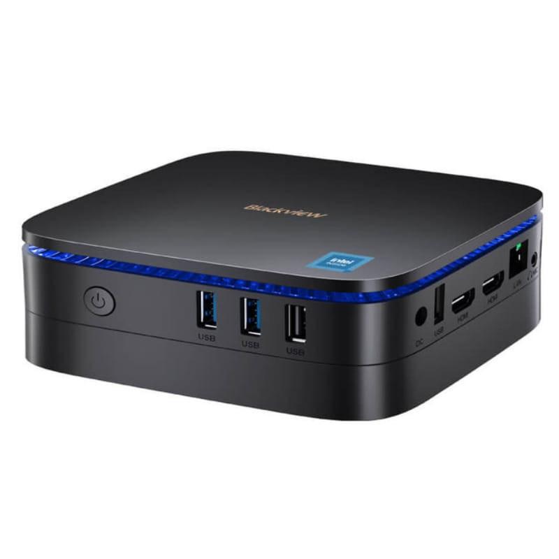 Mini PC Blackview MP60 negro, carcasa compacta con borde LED azul, botón frontal, 3 puertos USB, HDMI, DisplayPort, Ethernet y audio, diseño elegante.