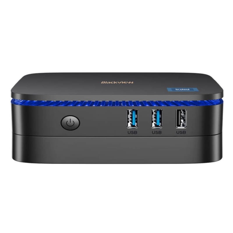 Mini PC Blackview MP60 negro con diseño compacto, botón frontal, ranura de ventilación azul y tres puertos USB frontales; estilo sobrio y moderno