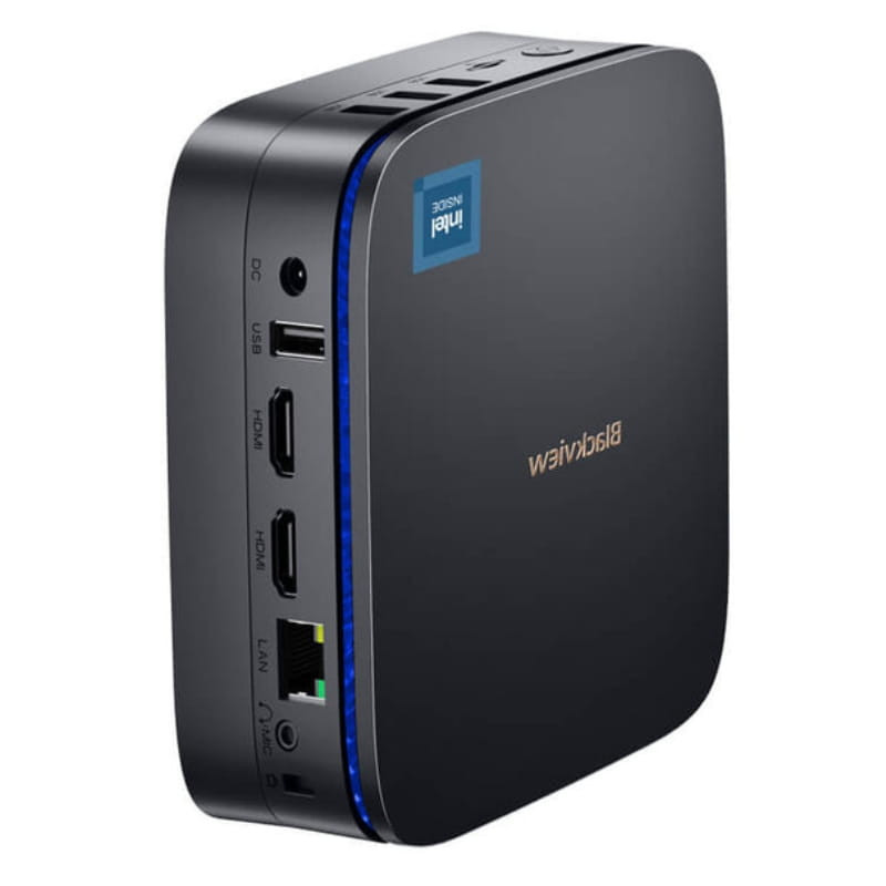 Mini PC Blackview MP60 negro con luz LED azul, puertos HDMI, USB, LAN y jack, logotipo Intel en la parte superior y diseño compacto y curvo