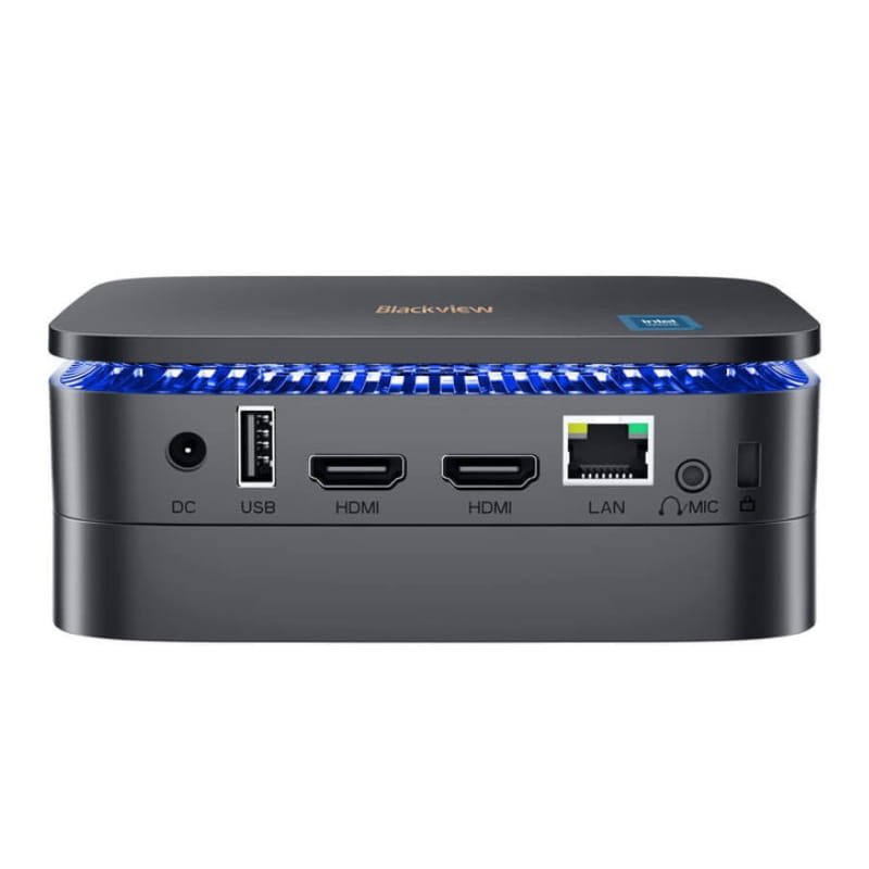 Mini PC Blackview MP60 negro con carcasa compacta, rejilla azul superior y puertos frontales: DC, USB, HDMI x2, LAN, audio y mic, diseño elegante y moderno