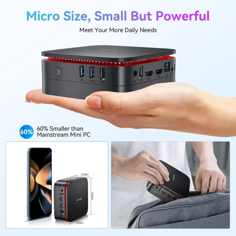 Mini PC Blackview MP60 negro, compacto con carcasa gris y borde rojo, múltiples puertos frontales y traseros, diseño portátil que cabe en la mano o mochila