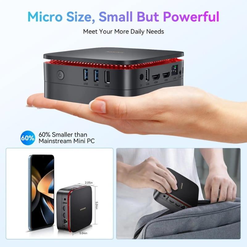 Mini PC Blackview MP60 negro, compacto con carcasa gris y borde rojo, múltiples puertos frontales y traseros, diseño portátil que cabe en la mano o mochila