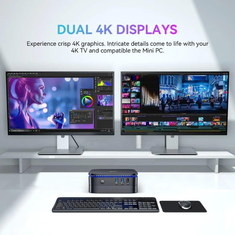 Mini PC Blackview MP60 preto, compacto, LEDs azuis, portas frontais USB e áudio, teclado e rato incluídos, suporta dois monitores 4K lado a lado