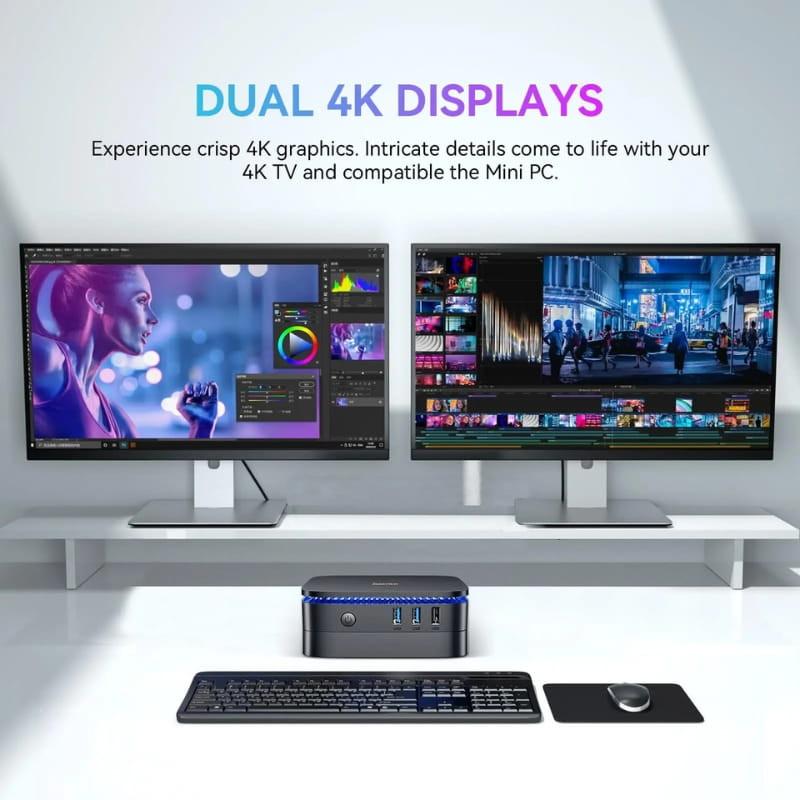 Mini PC Blackview MP60 preto, compacto, LEDs azuis, portas frontais USB e áudio, teclado e rato incluídos, suporta dois monitores 4K lado a lado