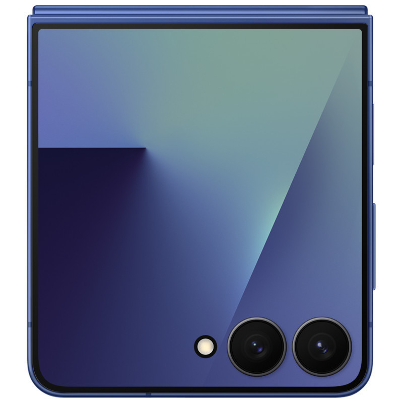 Samsung Galaxy Flip7 5G bleu replié avec double appareil photo arrière, objectifs alignés et flash, finitions premium, coins arrondis et écran externe lisse