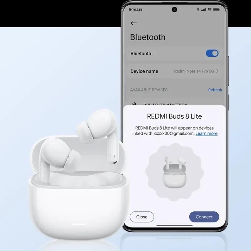 Xiaomi Redmi Buds 8 Lite Negro: auriculares in-ear con estuche compacto, puntas de silicona y diseño minimalista; conexión Bluetooth visible en smartphone.