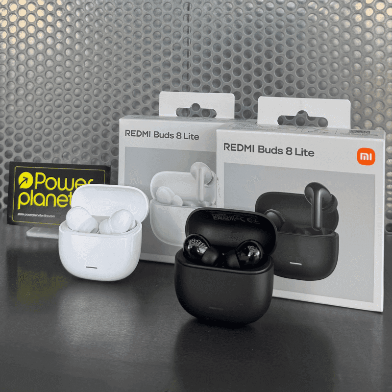 Xiaomi Redmi Buds 8 Lite Negro en estuche compacto mate, auriculares in ear con acabado brillante, LED frontal y cajas de venta en blanco y negro detrás