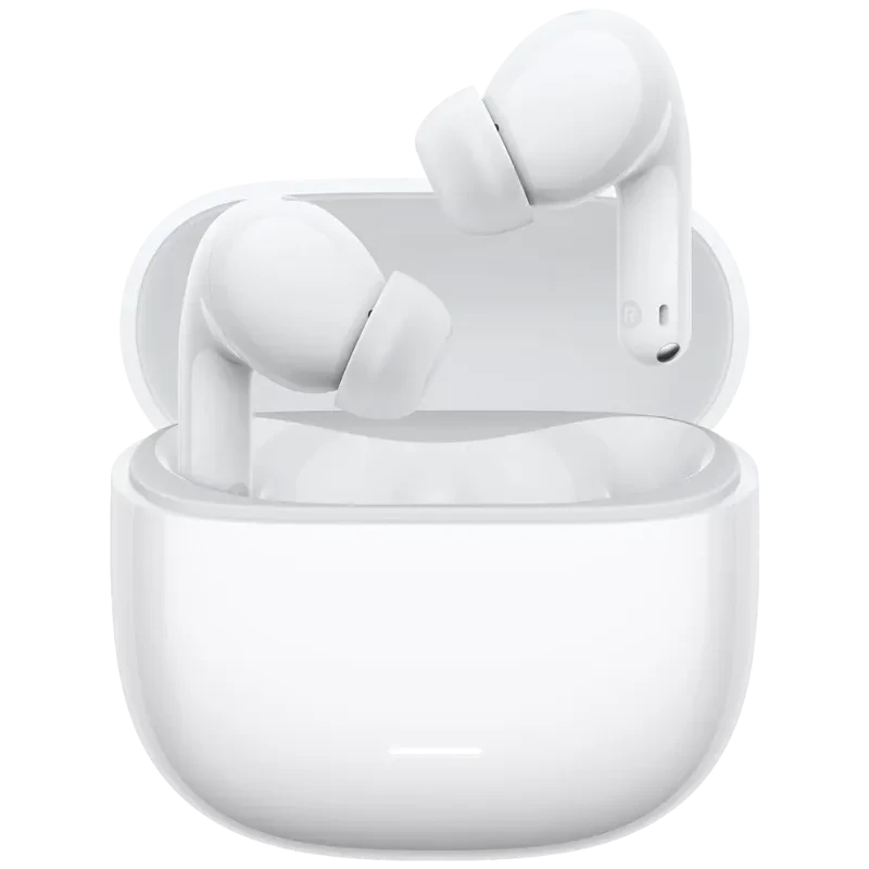 Xiaomi Redmi Buds 8 Lite Blanco: estuche compacto blanco con tapa redondeada y LED frontal; audífonos in-ear con vástago corto y acabado brillante.