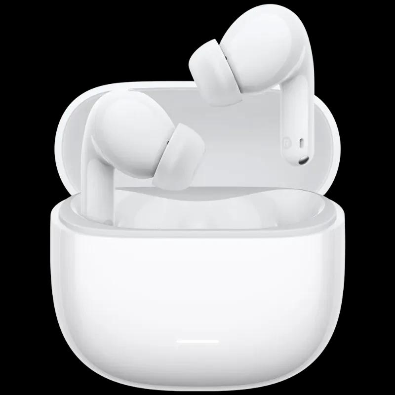 Xiaomi Redmi Buds 8 Lite Blanco: estuche compacto blanco con tapa redondeada y LED frontal; audífonos in-ear con vástago corto y acabado brillante.