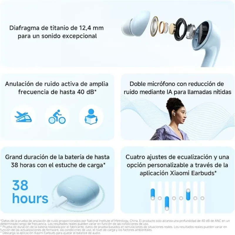 Xiaomi Redmi Buds 8 Lite Blanco con drivers de titanio 12.4 mm, ANC hasta 40 dB, doble micrófono con IA, 38 h con estuche y ecualización en app Xiaomi