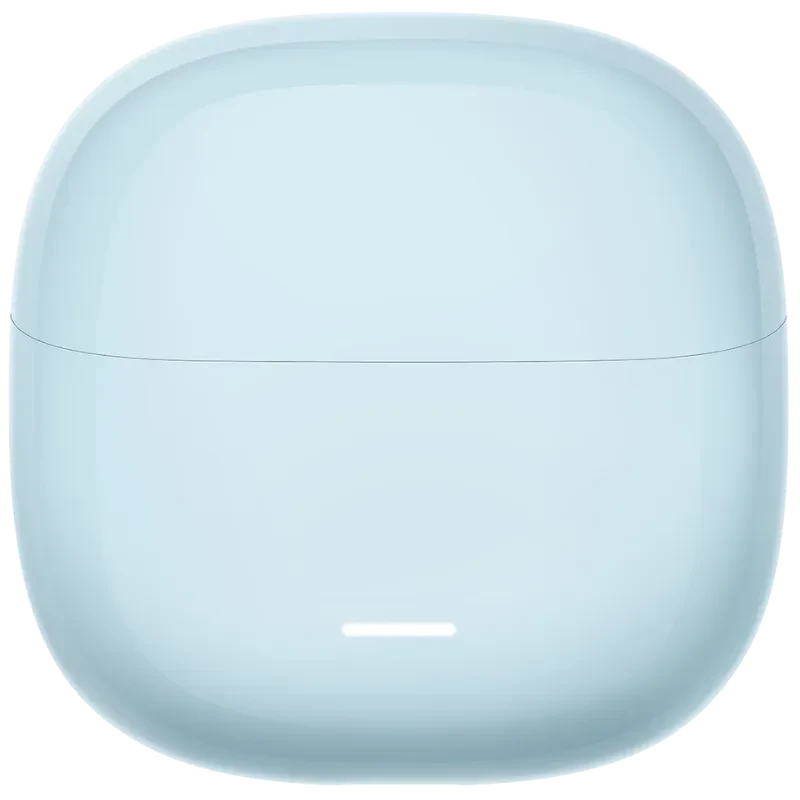 Xiaomi Redmi Buds 8 Lite Bleu étui compact bleu clair, boîtier arrondi brillant avec LED frontale discrète, design minimaliste et portable