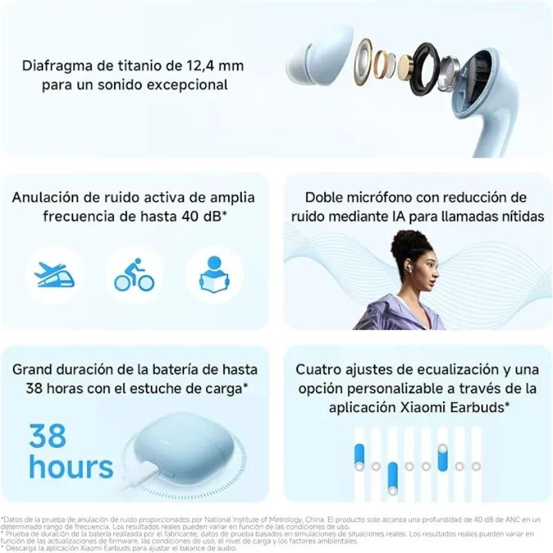 Xiaomi Redmi Buds 8 Lite Bleu avec embouts ergonomiques, pilotes 12,4 mm, réduction de bruit, double micro IA et étui compact bleu clair