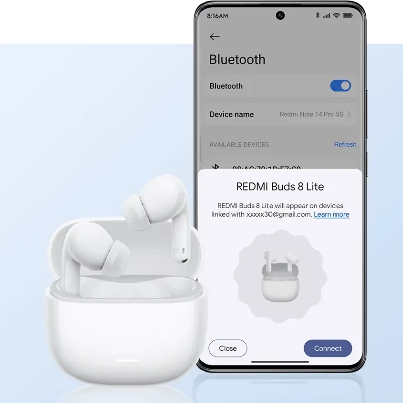 Xiaomi Redmi Buds 8 Lite Bleu avec boîtier blanc compact, écouteurs intra-auriculaires, design épuré, appairage Bluetooth affiché sur smartphone