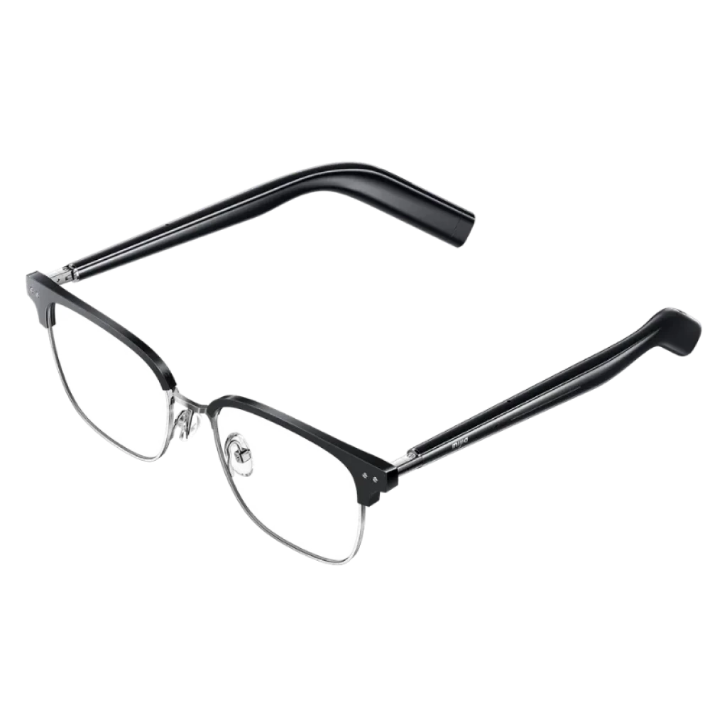 Gafas Mijia Smart Audio Glasses Browline negras con montura semirrímel, varillas metálicas dobles y bisagras visibles; diseño elegante y ligero IP54