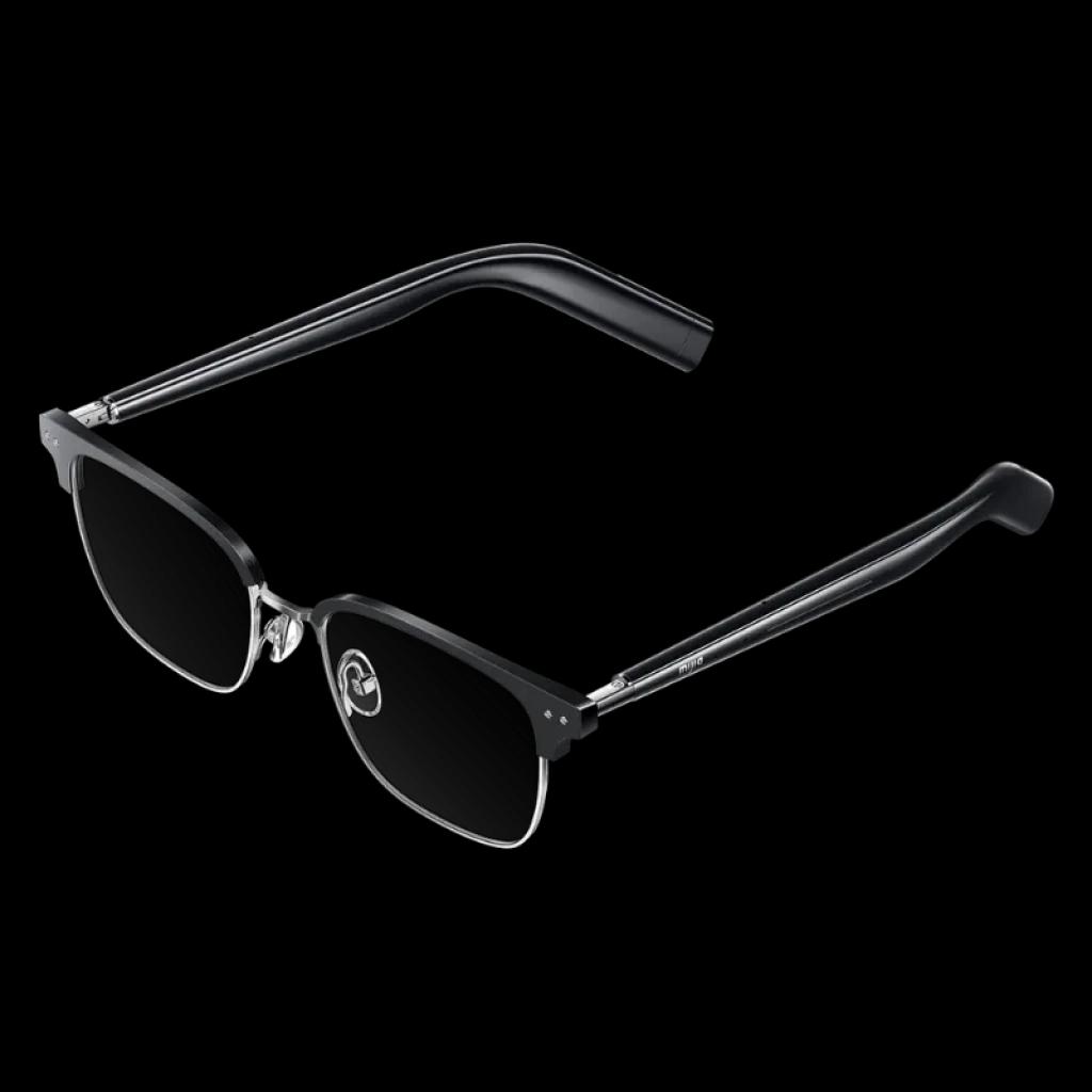 Gafas Mijia Smart Audio Glasses Browline negras con montura semirrímel, varillas metálicas dobles y bisagras visibles; diseño elegante y ligero IP54
