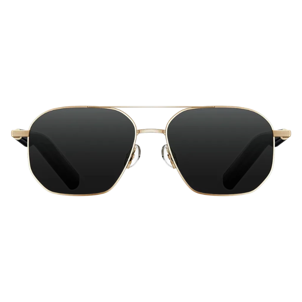Gafas Mijia Smart Audio piloto con montura metálica dorada, lentes negras rectangulares redondeadas y puentes nasales ajustables; patillas delgadas con diseño elegante