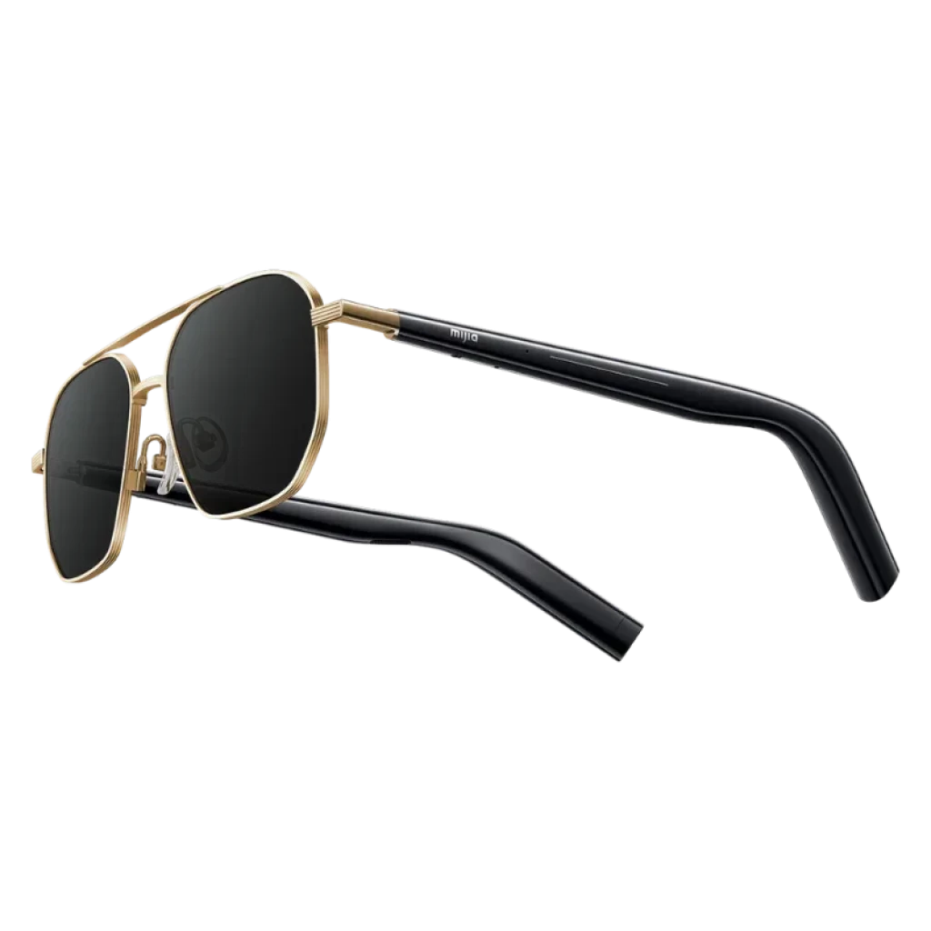 Mijia Smart Audio Glasses Piloto con montura metálica dorada, lentes oscuros redondeados y patillas negras gruesas con diseño open ear Bluetooth v5.4