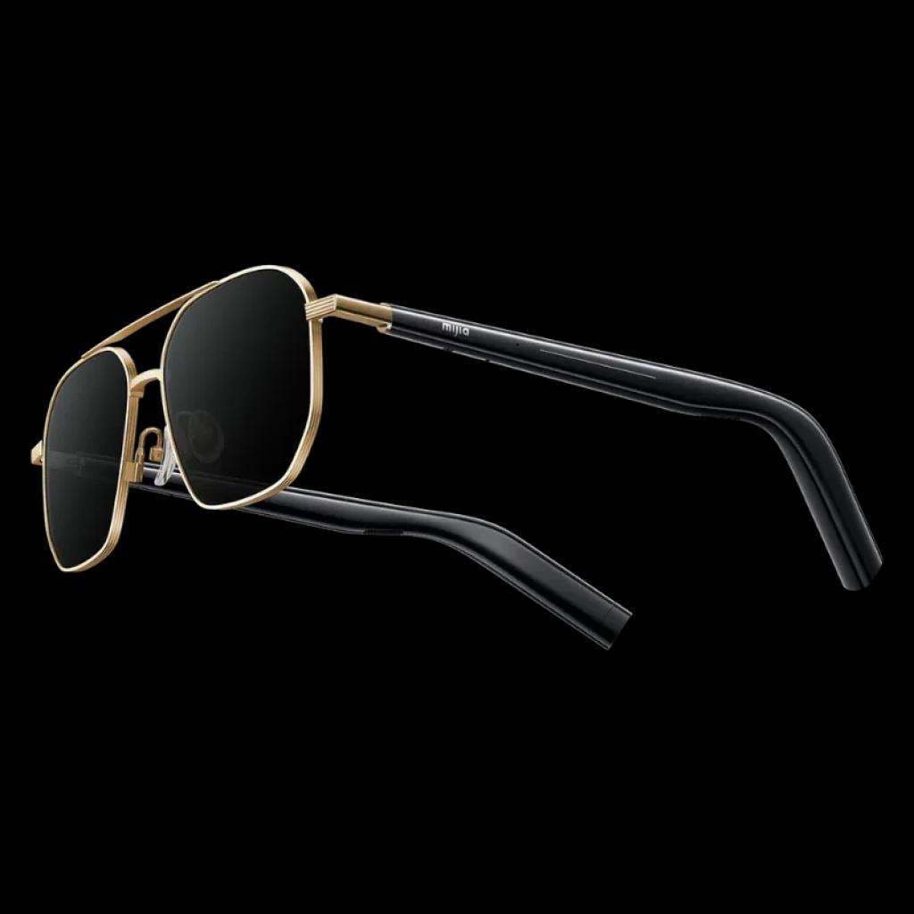 Mijia Smart Audio Glasses Piloto con montura metálica dorada, lentes oscuros redondeados y patillas negras gruesas con diseño open ear Bluetooth v5.4