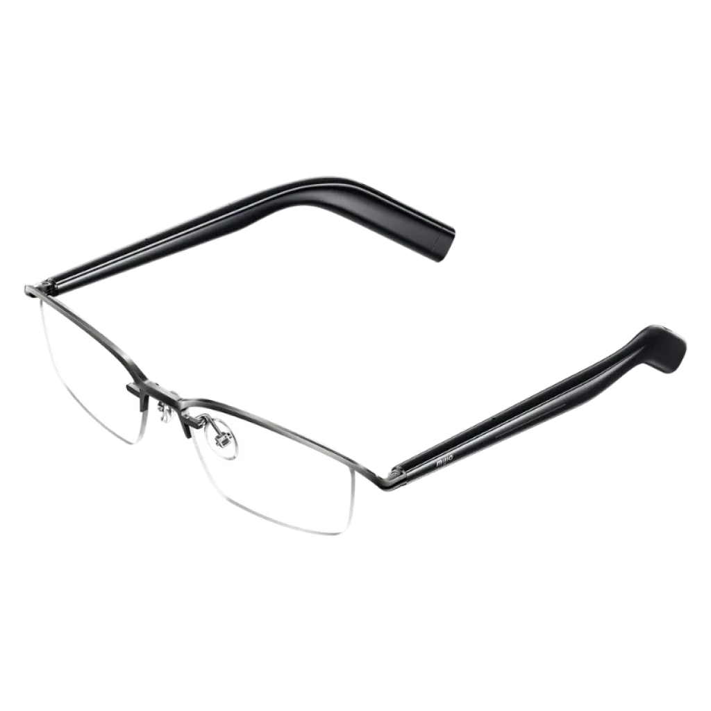 Vista a 45 grados de las Mijia Smart Audio Glasses versión titanio