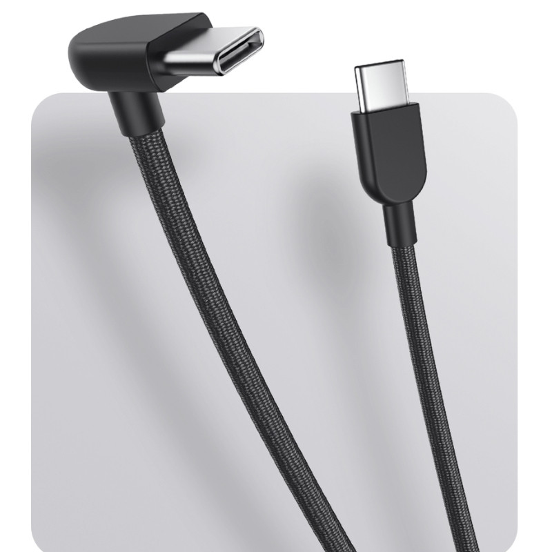 Câble Xiaomi 3A tressé USB-C vers USB-C 60 W 10 cm, connecteur coudé à 90°, gaine noire robuste, embouts renforcés pour charge rapide et durabilité