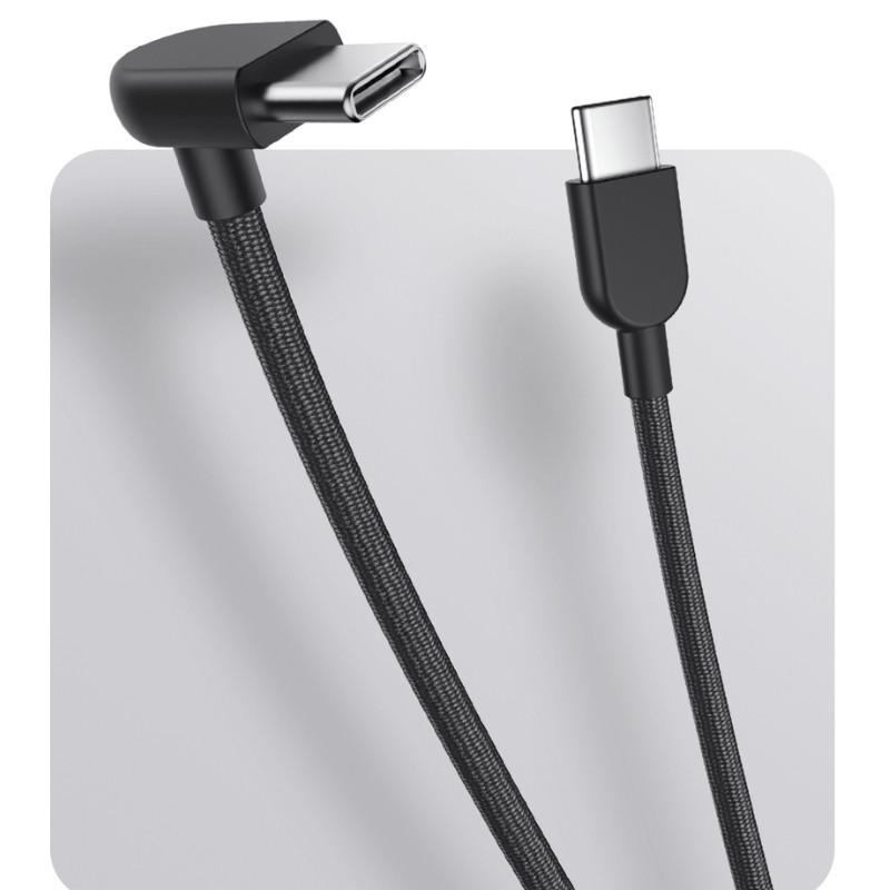 Câble Xiaomi 3A tressé USB-C vers USB-C 60 W 10 cm, connecteur coudé à 90°, gaine noire robuste, embouts renforcés pour charge rapide et durabilité