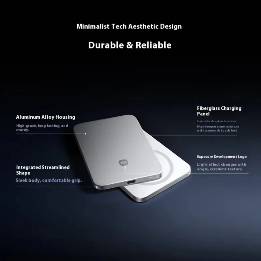 Power bank magnético ultrafino Xiaomi 5000 mAh plata, panel de fibra de vidrio, carcasa de aleación de aluminio, carga 15W, diseño minimalista y compacto