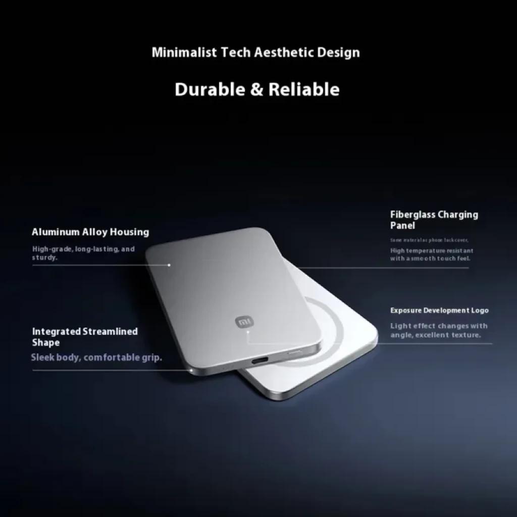 Power bank magnético ultrafino Xiaomi 5000 mAh plata, panel de fibra de vidrio, carcasa de aleación de aluminio, carga 15W, diseño minimalista y compacto