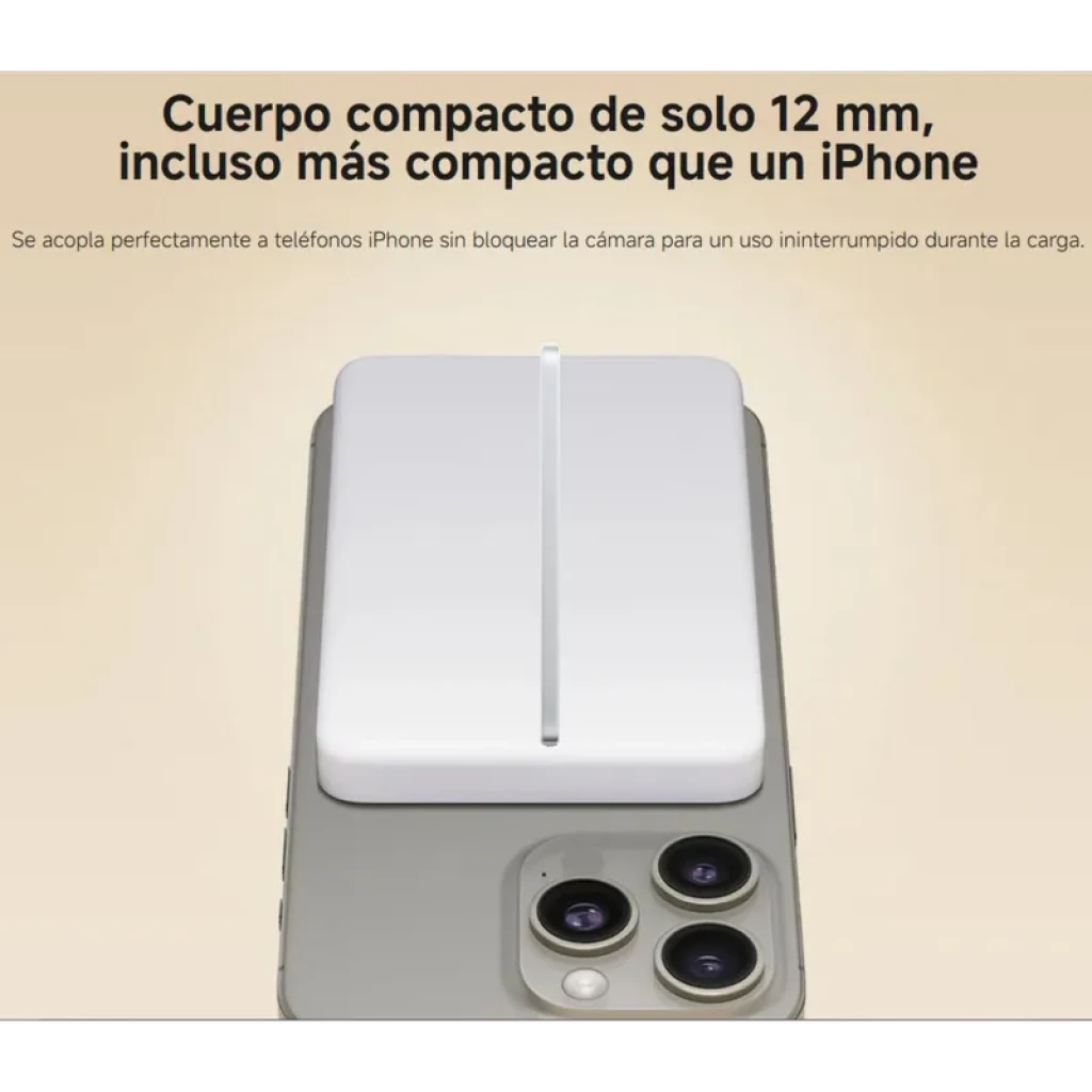 Power bank magnético ultradelgado de 12 mm, color plata, 5000 mAh y carga inalámbrica 15W; se acopla al iPhone sin tapar la cámara, diseño minimalista con