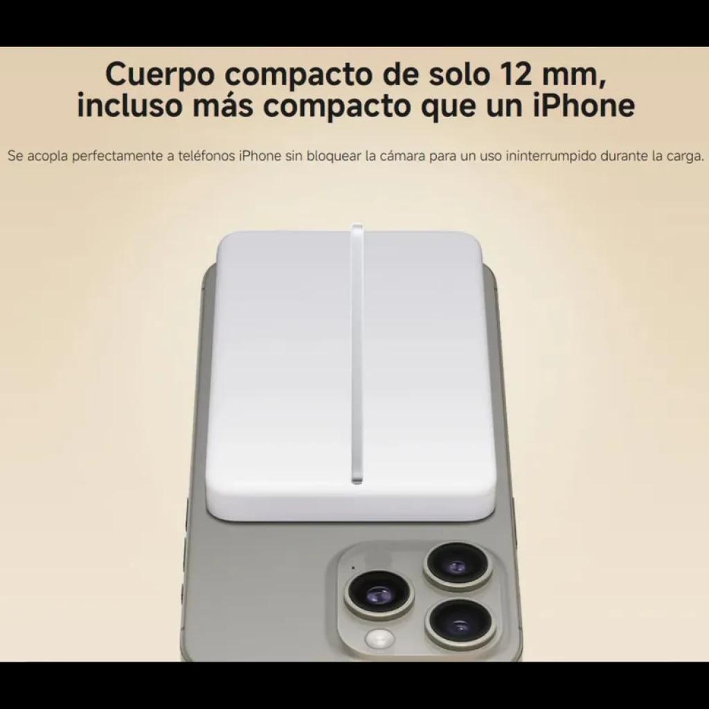 Power bank magnético ultradelgado de 12 mm, color plata, 5000 mAh y carga inalámbrica 15W; se acopla al iPhone sin tapar la cámara, diseño minimalista con
