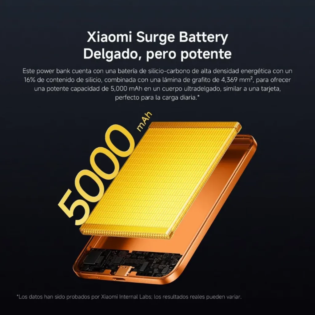 Xiaomi UltraThin Magnetic Power Bank 5000 15W Negro, banco de energía ultradelgado con carcasa negra y módulo interno dorado visible, capacidad 5000 mAh