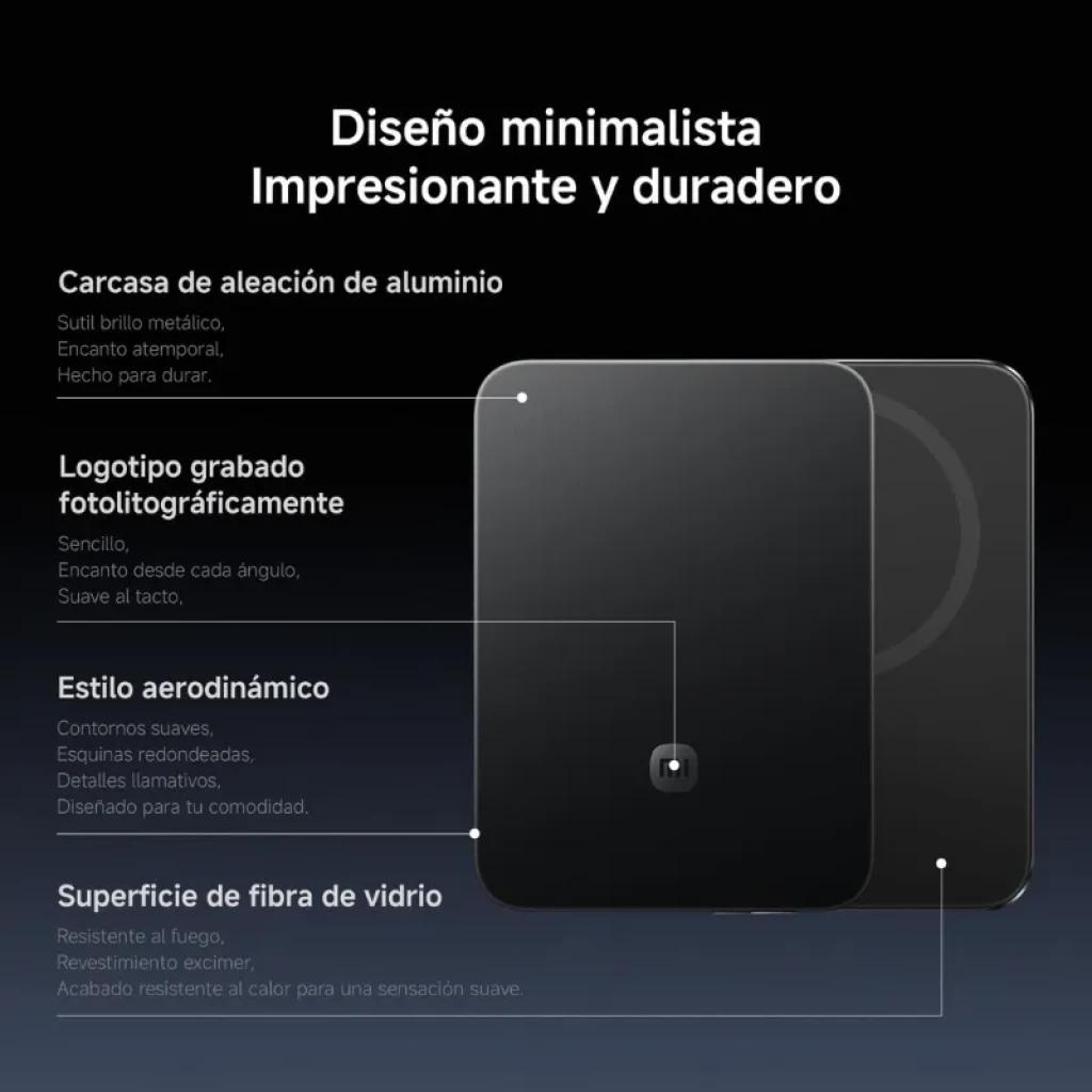 Power bank magnético ultradelgado negro 5000 mAh, 15W. Cuerpo de aleación de aluminio, fibra de vidrio, contornos suaves y logotipo grabado