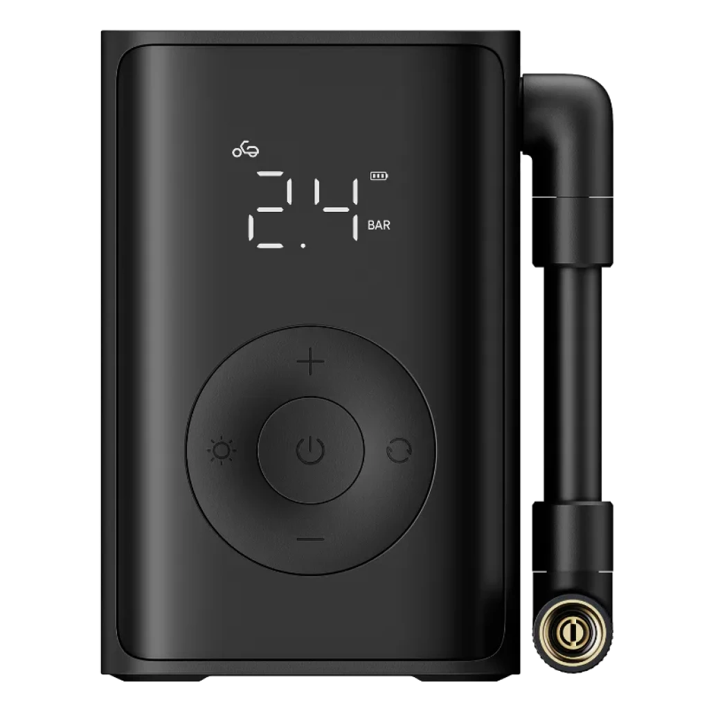 Compresor portátil negro Mijia con pantalla LED que muestra presión en BAR, botones circulares, manguera lateral con válvula metálica y linterna integrada