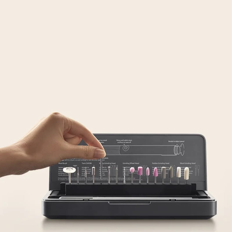 Xiaomi Mijia Rotary Tool Kit com estojo compacto, tampa transparente e 15 acessórios organizados para lixar, polir, cortar e detalhar com precisão