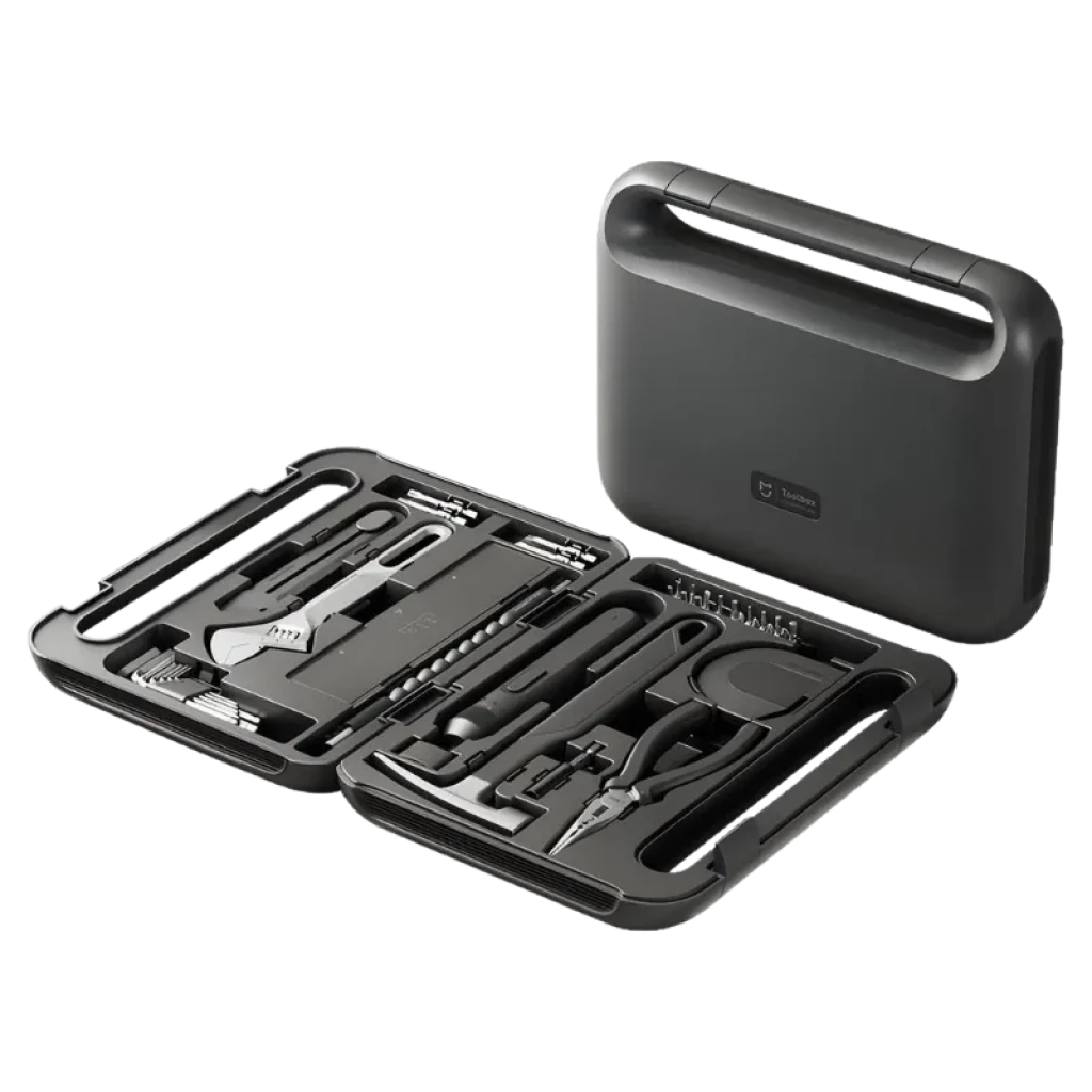 Mijia Tool Kit con Destornillador Eléctrico y Caja de Transporte: estuche rígido gris con herramientas organizadas, puntas, llaves, alicates y accesorios