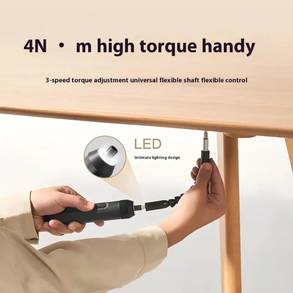 Destornillador con eje flexible, ajuste de 3 velocidades, par alto 4 N·m y luz LED integrada