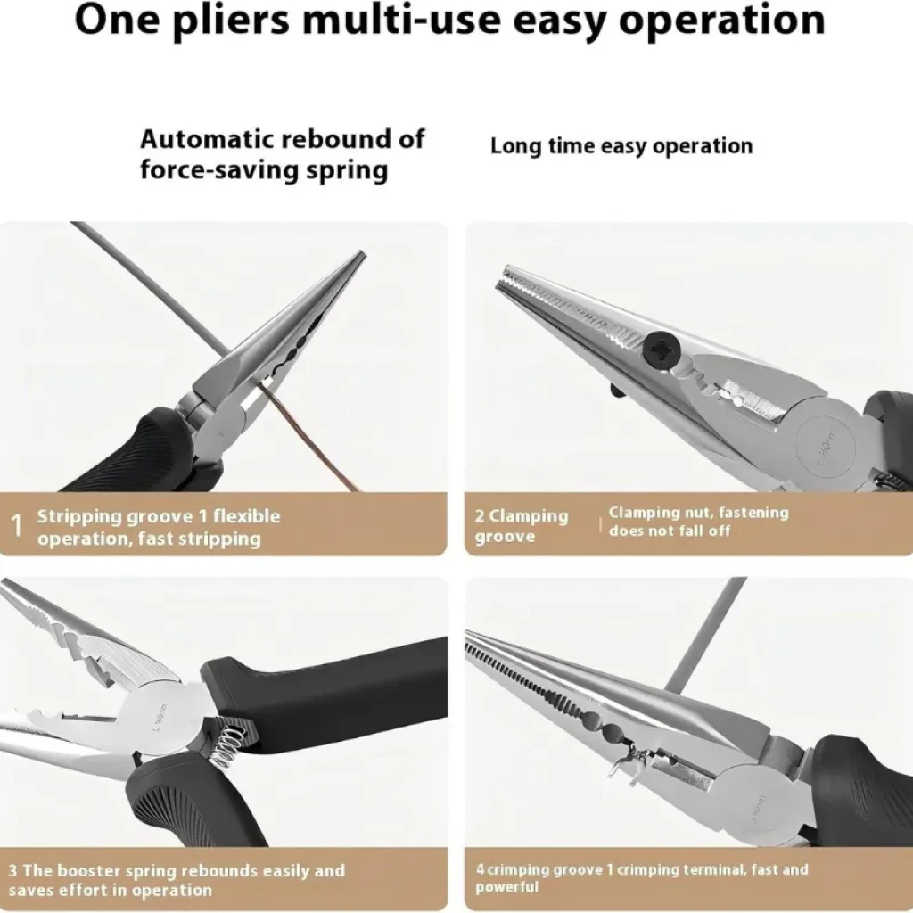 Alicates multifunción con resorte, ranuras de pelado, sujeción de tuercas y corte preciso