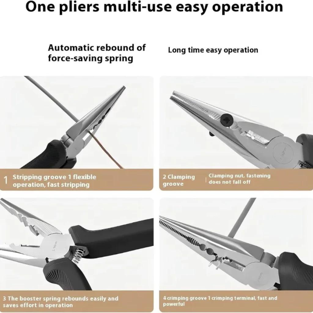 Alicates multifunción con resorte, ranuras de pelado, sujeción de tuercas y corte preciso